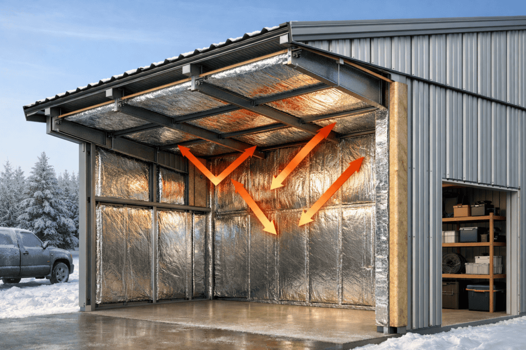 Reflective insulation in a metal building wall and roof assembly reflecting interior heat back into the building to reduce heat loss.