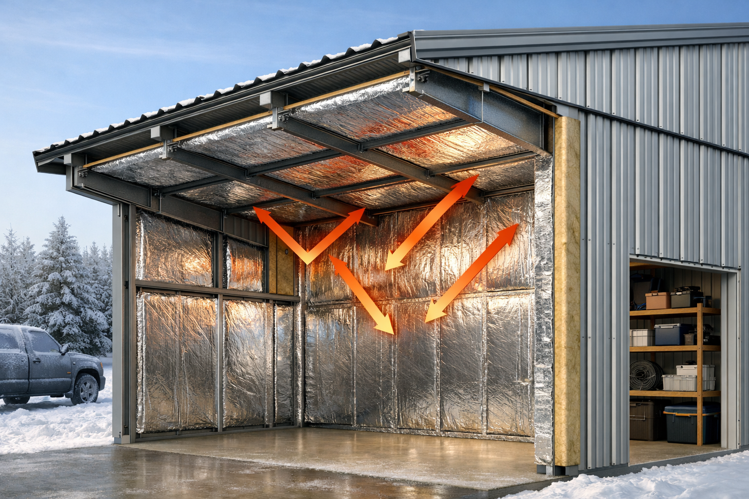 Reflective insulation in a metal building wall and roof assembly reflecting interior heat back into the building to reduce heat loss.
