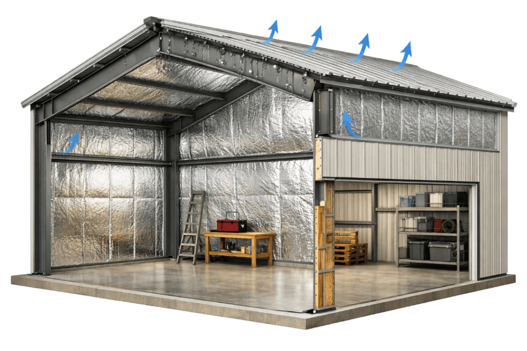 Metal building walls and roof insulated with reflective vapor barrier insulation, preventing condensation and moisture buildup.
