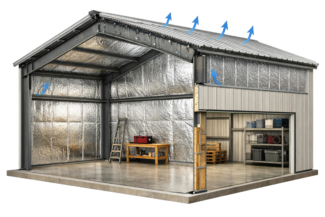 Metal building walls and roof insulated with reflective vapor barrier insulation, preventing condensation and moisture buildup.