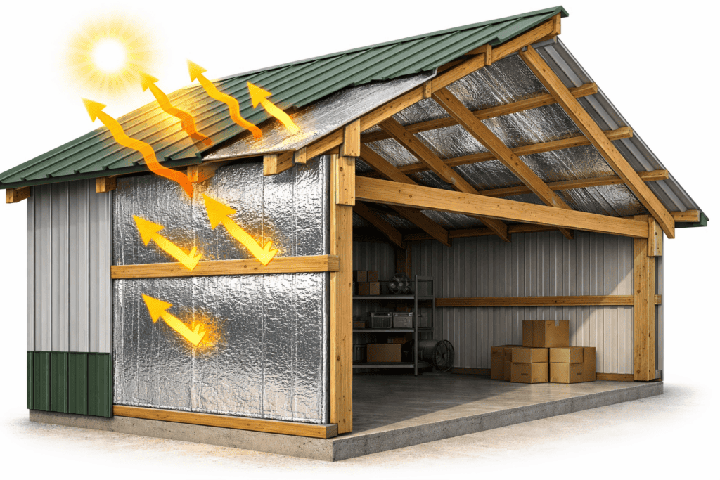 Reflective insulation installed in a post-frame building walls and roof reflecting solar heat away to maintain a cool interior.