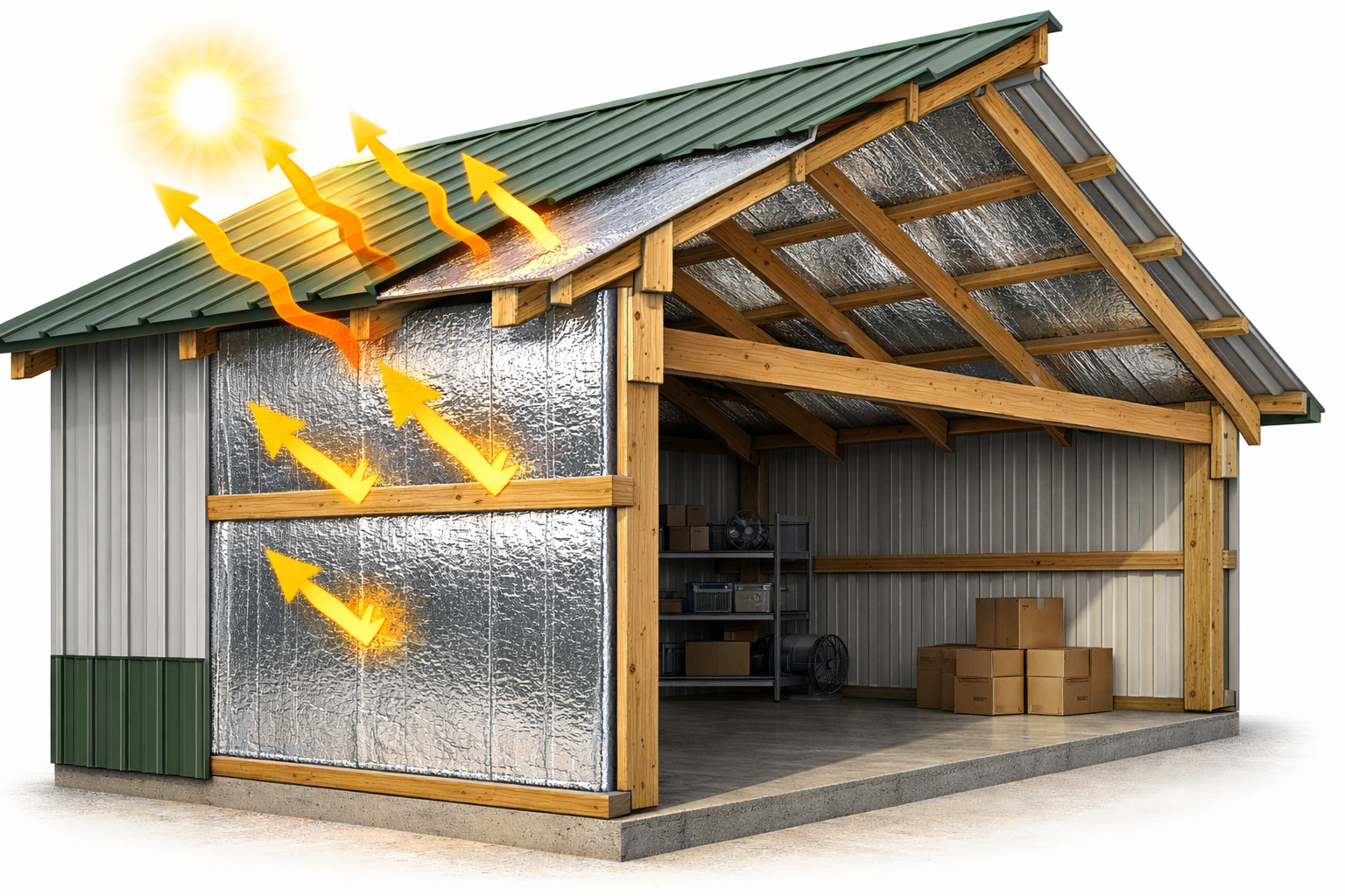 Reflective insulation installed in a post-frame building walls and roof reflecting solar heat away to maintain a cool interior.
