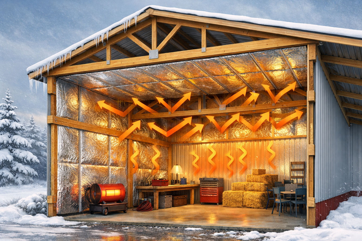 Reflective insulation in a post-frame building walls and roof reflecting interior heat back into the structure to prevent heat loss.