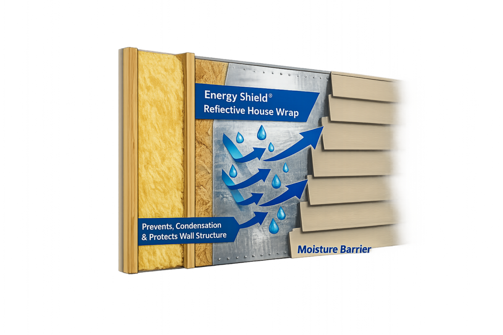 Cross-section illustration of an exterior house wall showing siding, reflective house wrap moisture barrier, sheathing, insulation between studs, and interior drywall, with blue droplets indicating moisture being redirected away.