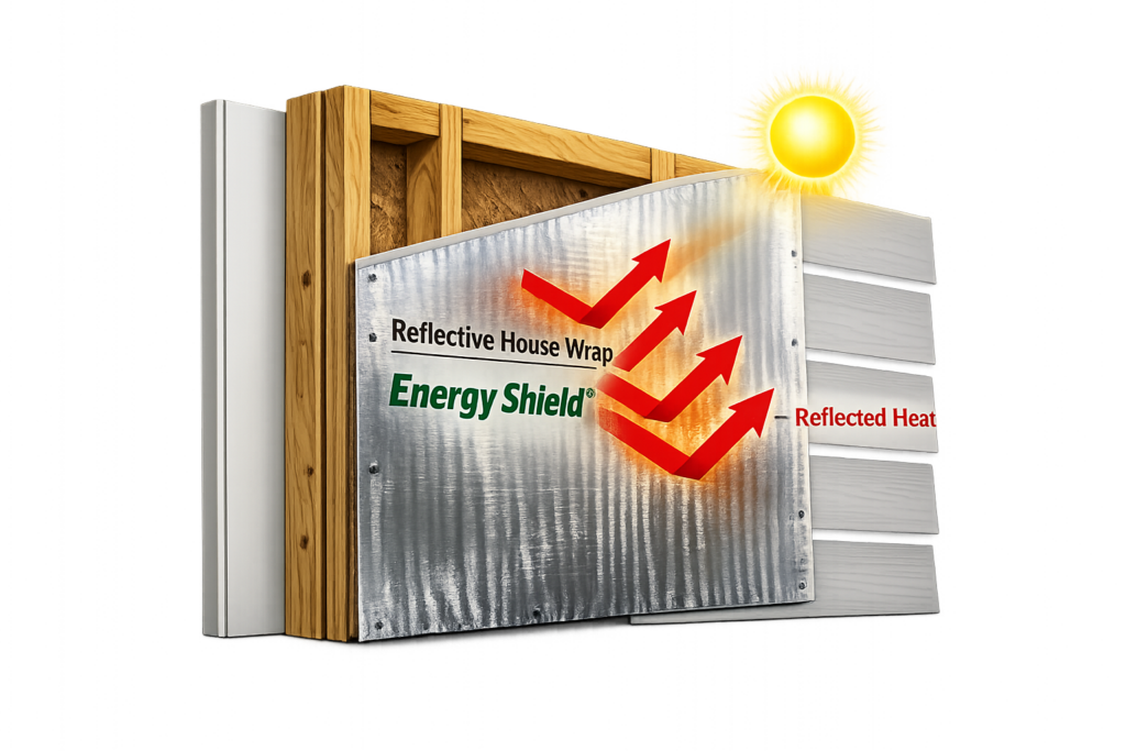 Semi-realistic wall cross-section showing Energy Shield® reflective house wrap installed behind exterior siding with red arrows reflecting solar heat away from the wall.