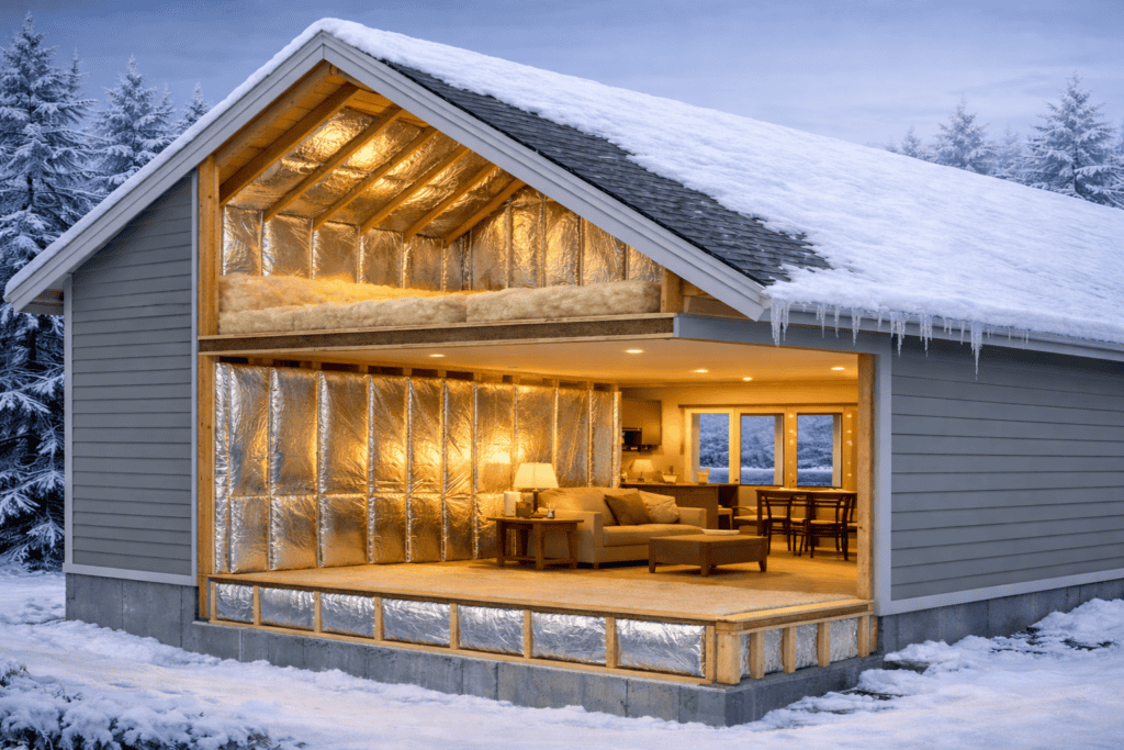 Reflective insulation in a residential building envelope reflecting interior heat back into the home during cold weather.