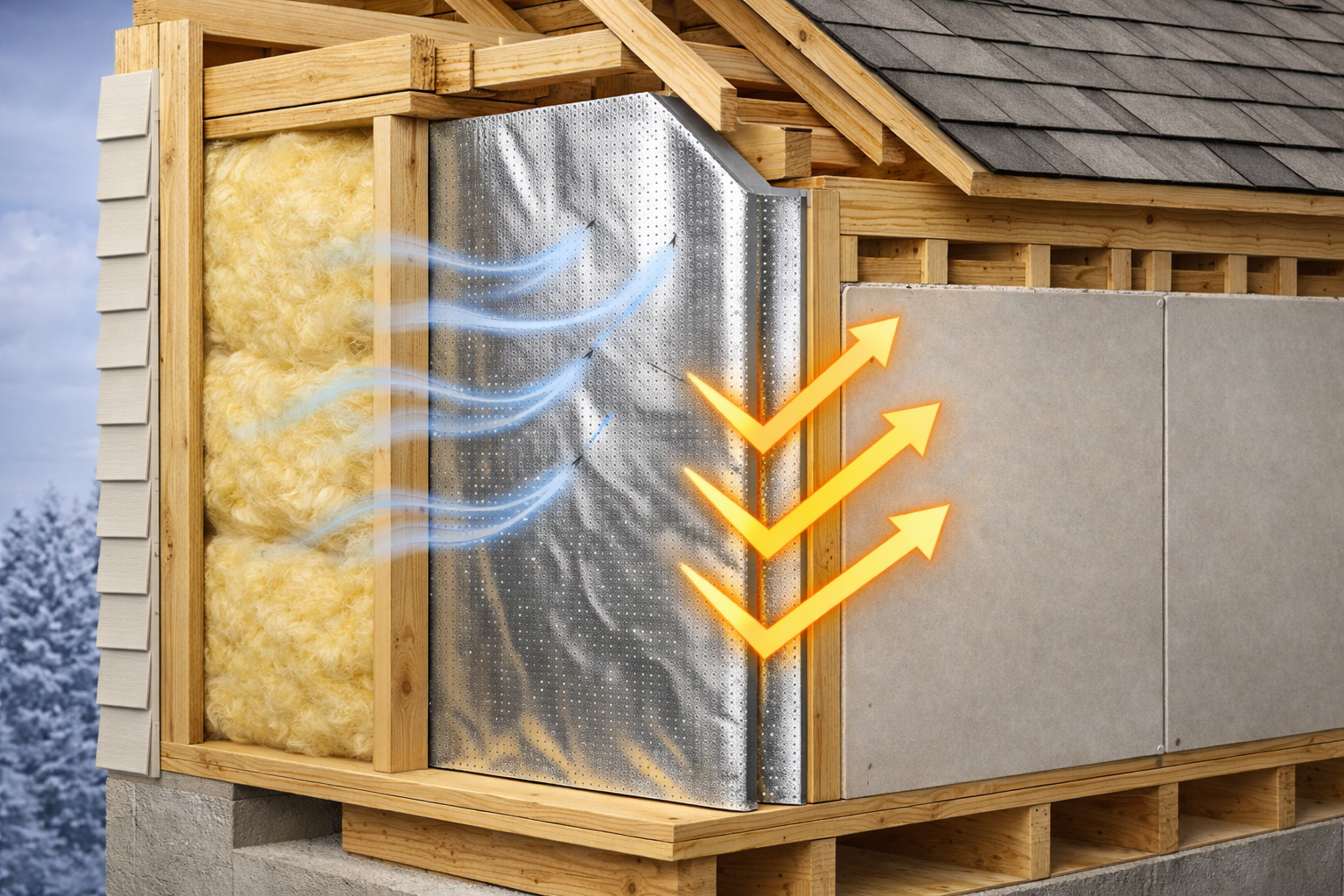 Perforated reflective insulation in a residential wall or attic assembly allowing airflow to prevent moisture buildup while reflecting heat.