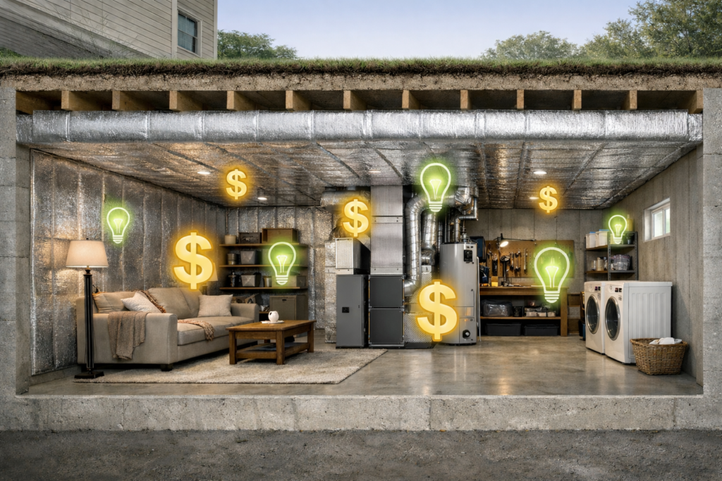 Reflective basement insulation reducing heat loss and improving energy efficiency to lower heating and cooling costs.