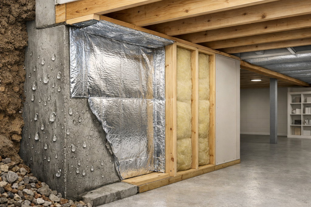 Reflective basement insulation acting as a vapor barrier to control moisture and prevent condensation on walls and ceiling.