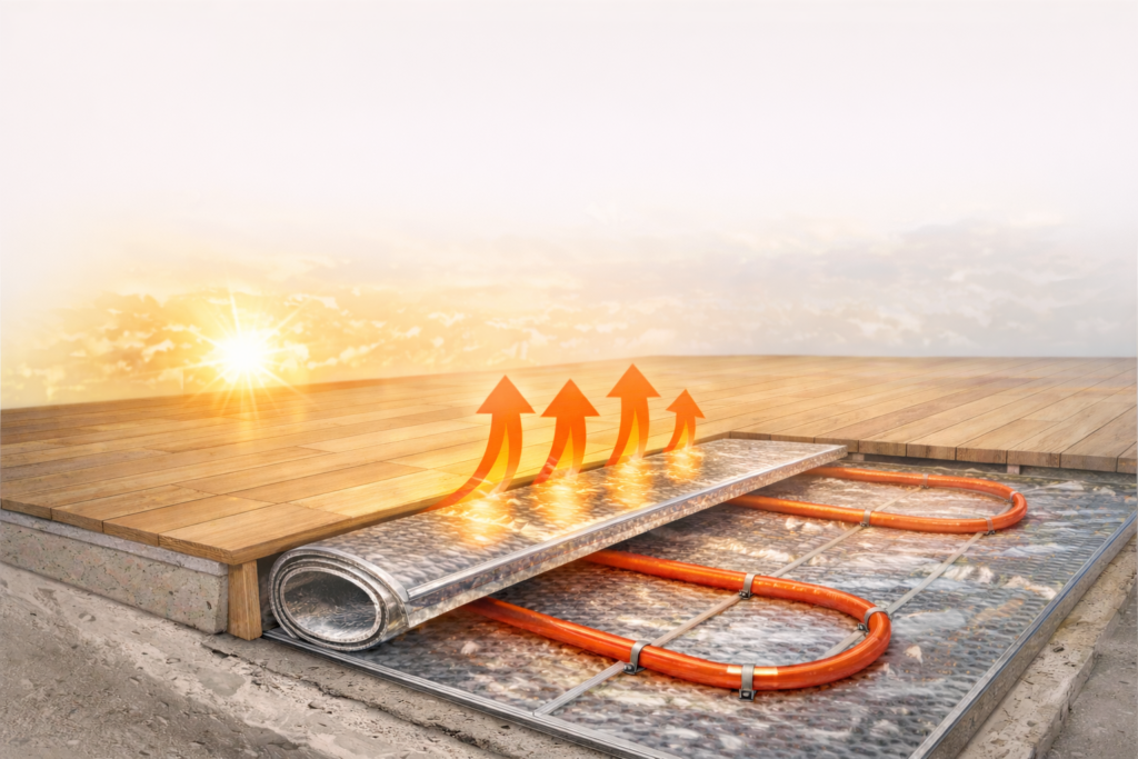 Reflective radiant floor insulation installed under a heated floor to direct heat upward and reduce energy loss.