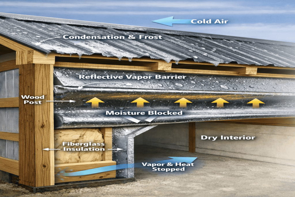 Photorealistic cutaway of a post-frame (pole barn) building showing reflective vapor barrier insulation on walls and roof. Moisture is redirected and condensation is prevented, protecting steel panels and interior spaces. This insulation enhances durability, energy efficiency, and comfort year-round.