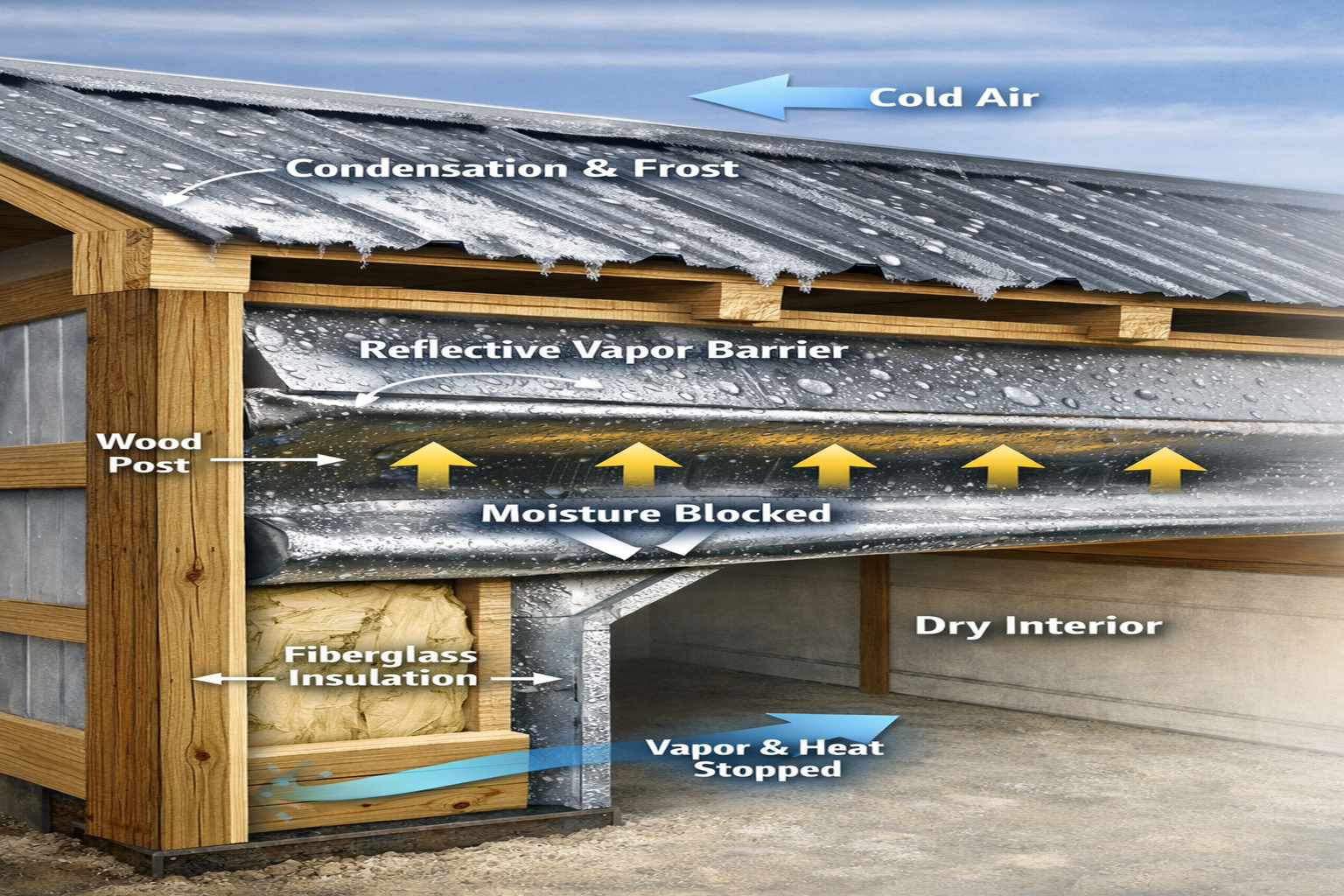 Photorealistic cutaway of a post-frame (pole barn) building showing reflective vapor barrier insulation on walls and roof. Moisture is redirected and condensation is prevented, protecting steel panels and interior spaces. This insulation enhances durability, energy efficiency, and comfort year-round.