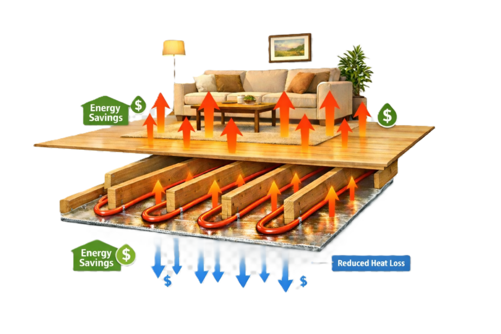 Cutaway of a living room showing radiant floor heating with flexible reflective insulation and reduced heat loss.