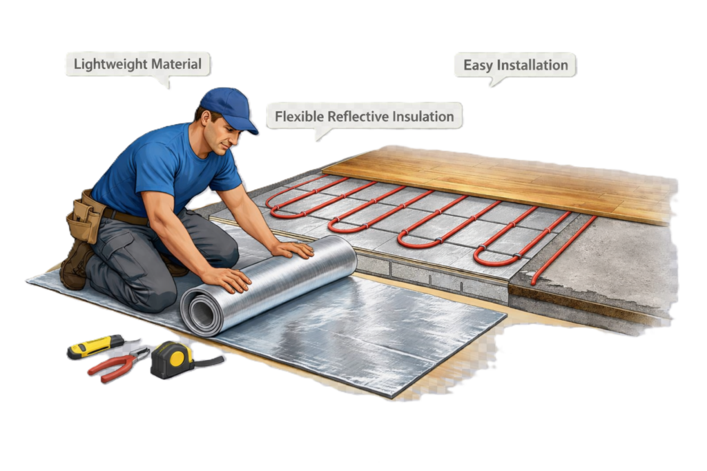 Installer unrolling reflective radiant floor insulation with visible heating tubes in a residential cutaway floor system.
