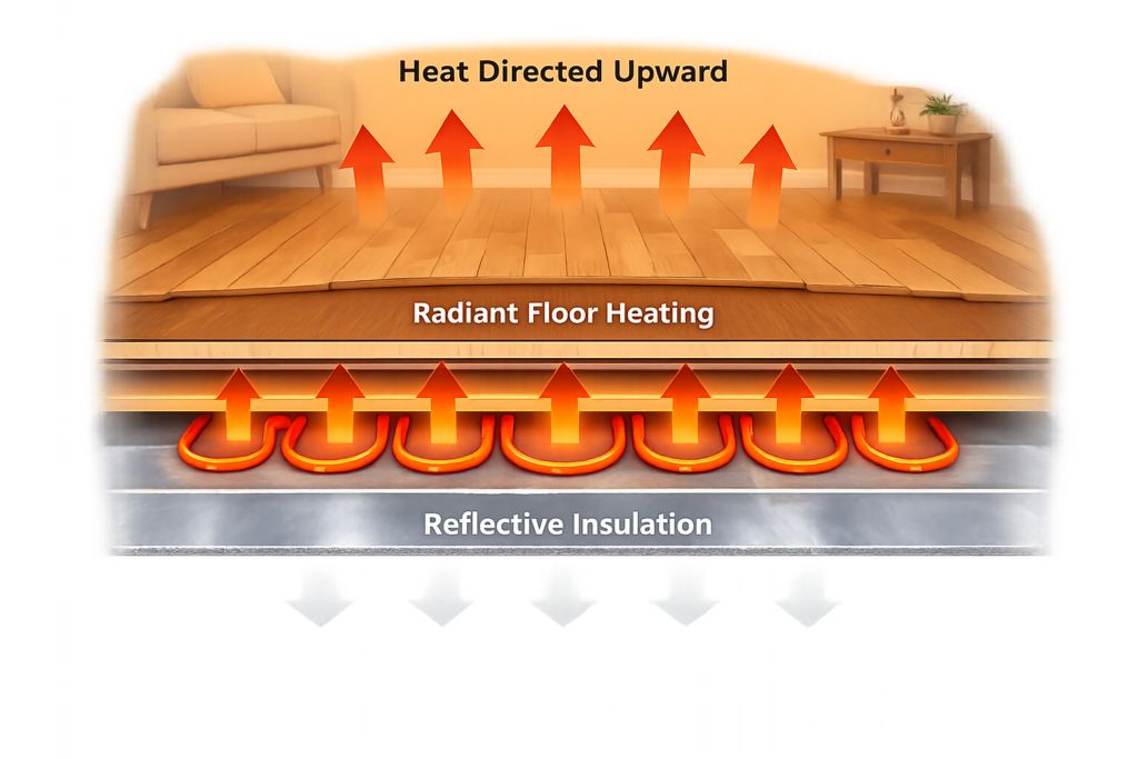 Cutaway illustration of a residential radiant heated floor system showing heating tubes and reflective insulation directing heat upward.