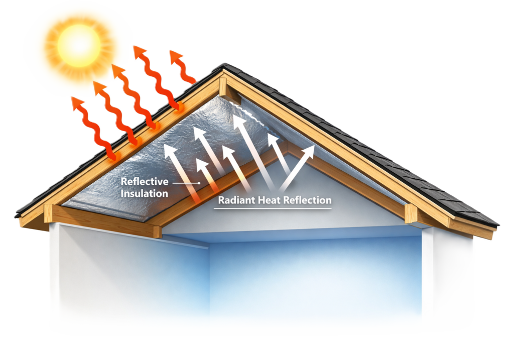 Reflective insulation for cathedral ceilings blocking radiant heat from entering vaulted ceilings