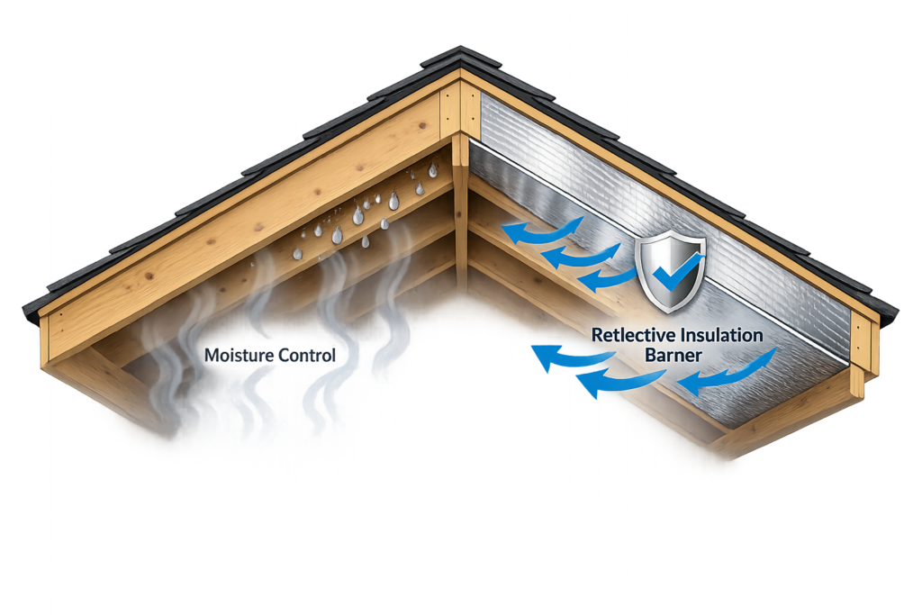 Cathedral ceiling insulation preventing moisture buildup and condensation in vaulted ceilings