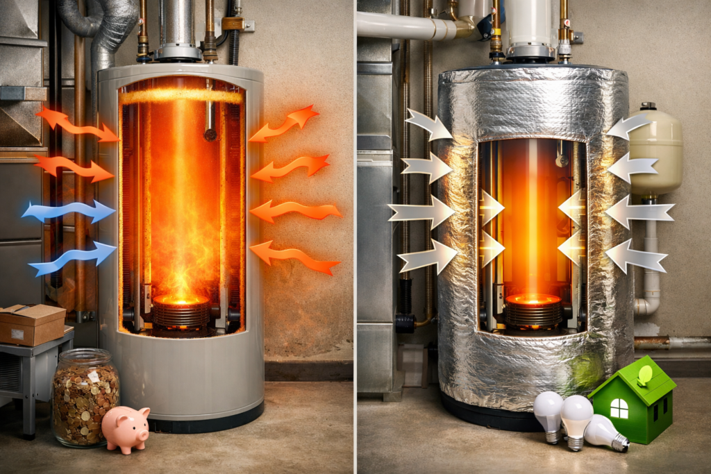 Cutaway of a water heater showing heat loss from an uninsulated tank and heat retention with a reflective insulation jacket.