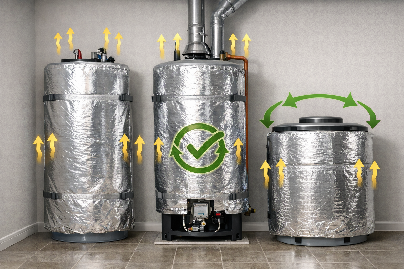 Electric and gas water heaters of various sizes wrapped in reflective insulation blankets, showing compatibility from 20–80 gallon tanks.