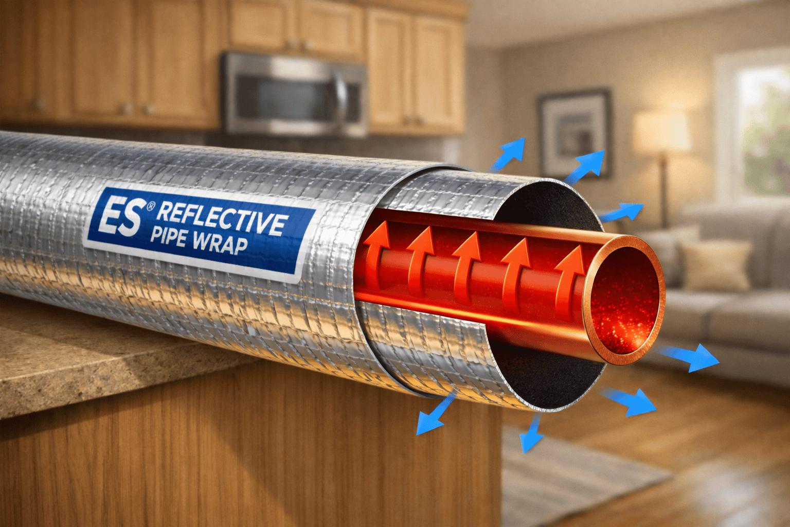 Reflective bubble insulation wrapped around residential plumbing pipes