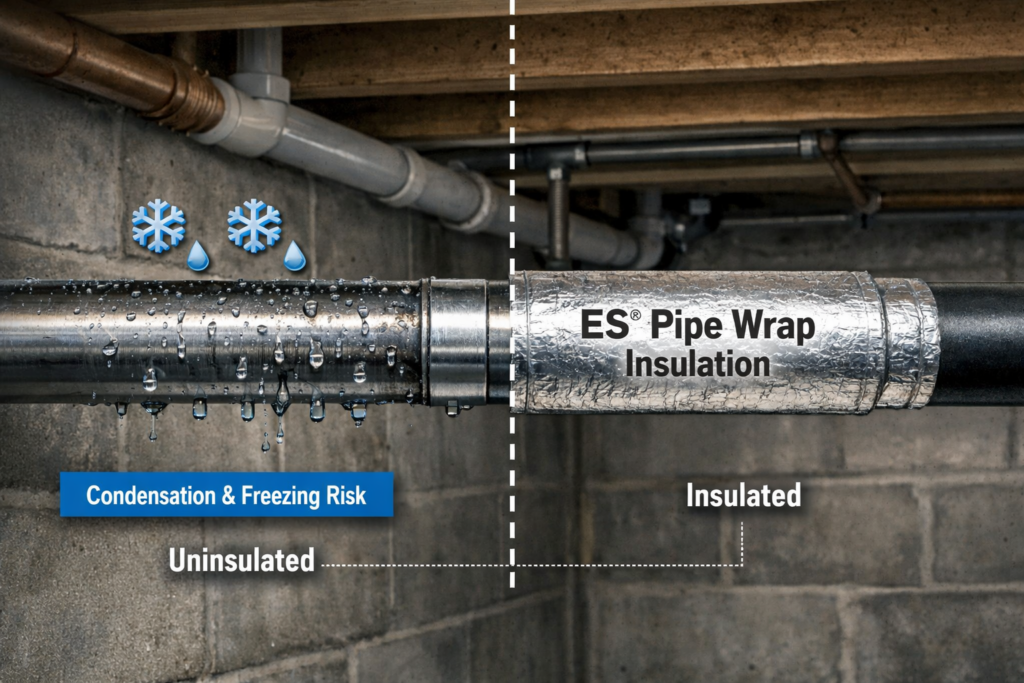Cold water pipe with ES® reflective insulation preventing condensation and freezing in a basement.