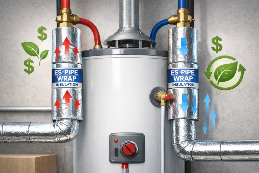 Water heater pipes wrapped with ES® insulation showing reduced heat loss and energy savings.