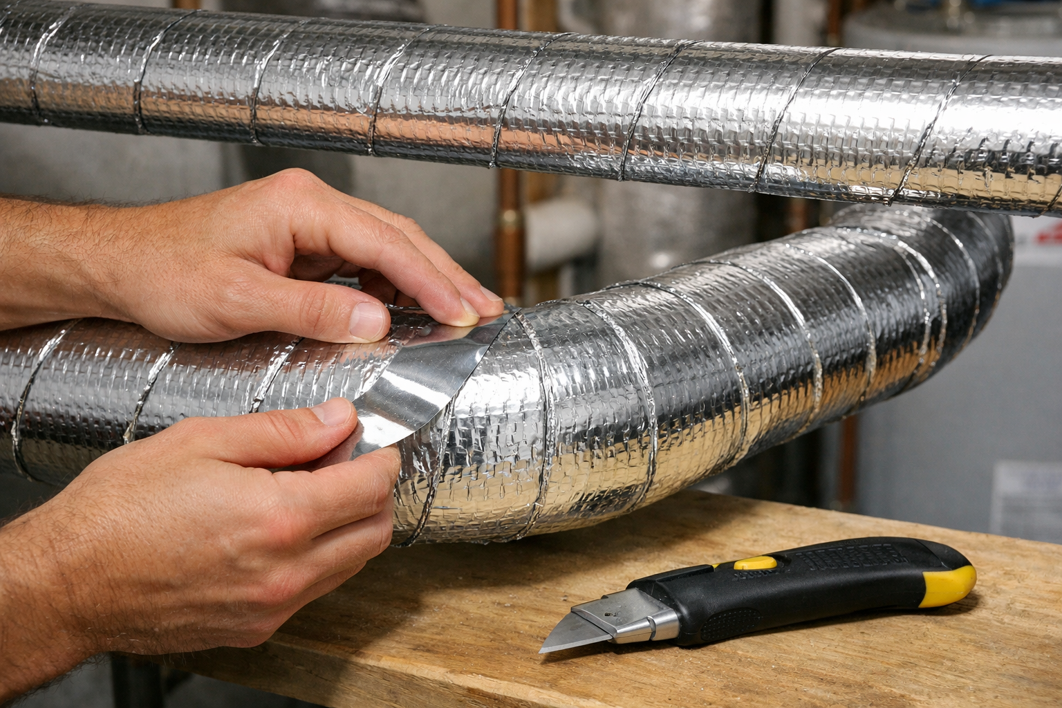 Homeowner installing ES® reflective pipe wrap insulation with foil tape in a utility room.