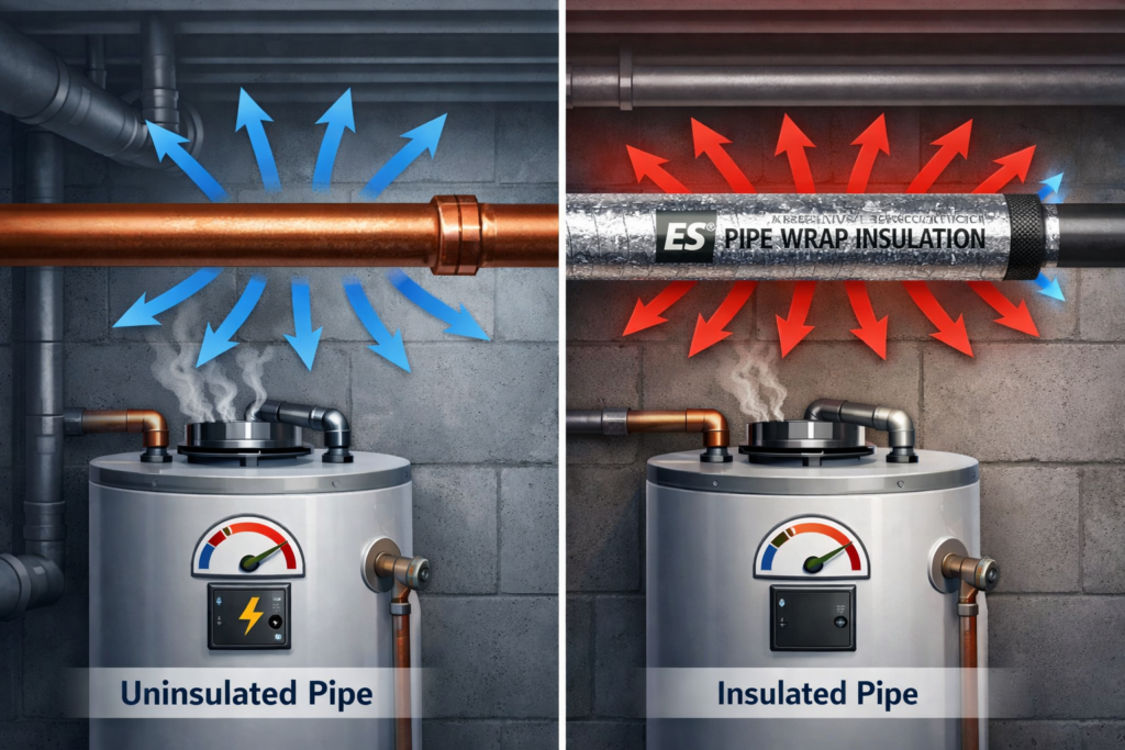 Comparison of insulated and uninsulated water pipes showing heat loss versus heat retention.