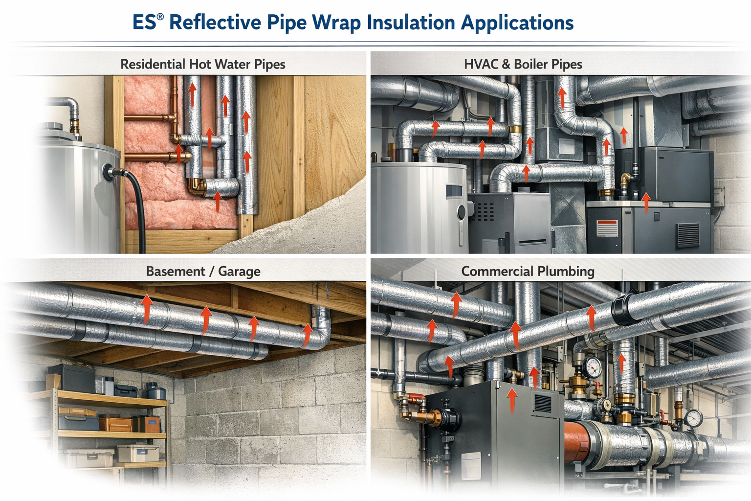 Examples of residential and commercial pipes insulated with ES® reflective pipe wrap.