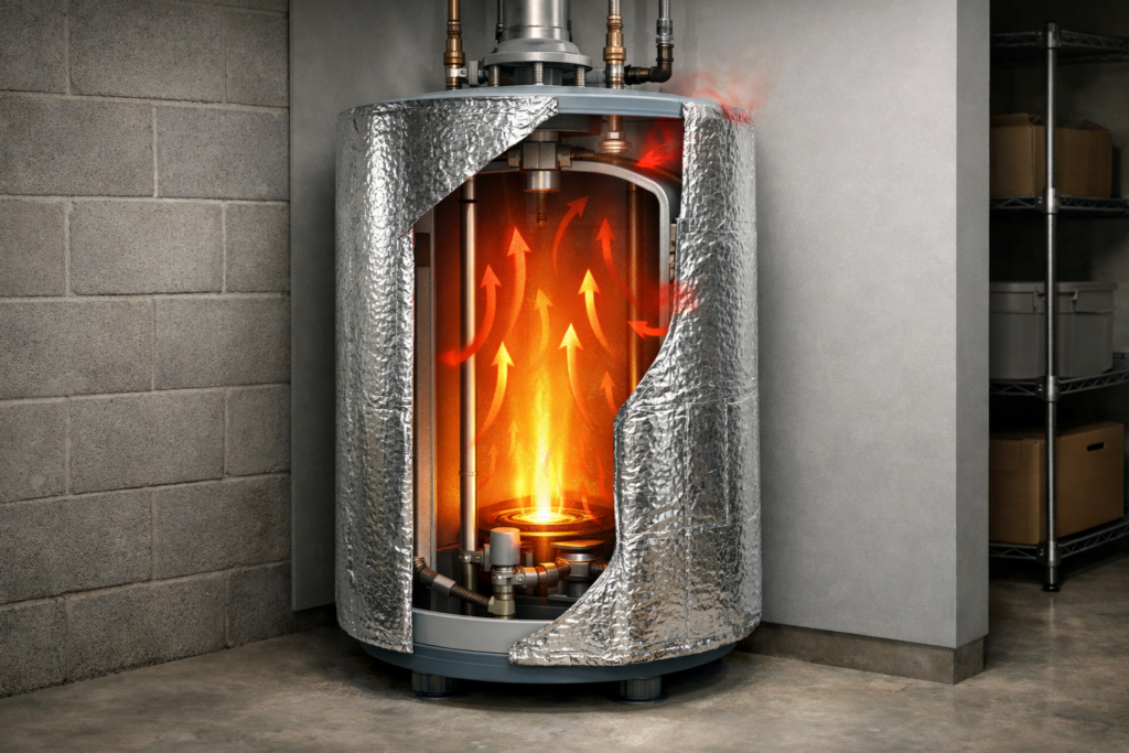 Cutaway of a residential water heater wrapped in a reflective insulation jacket, showing retained heat and energy-efficient performance.