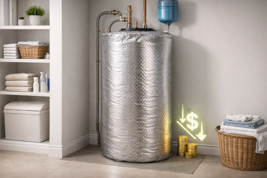 Residential water heater wrapped in a reflective insulation jacket, demonstrating reduced heat loss, lower energy costs, and improved efficiency.