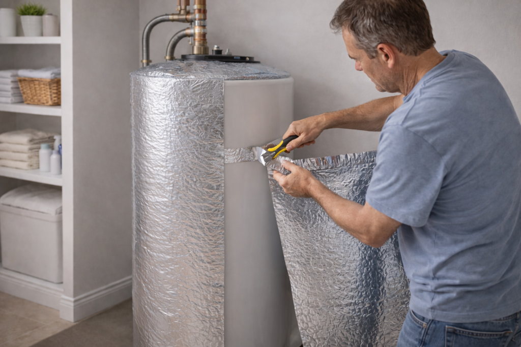 Homeowner installing a reflective water heater insulation jacket using included tools, showing easy DIY installation and energy-efficient setup.