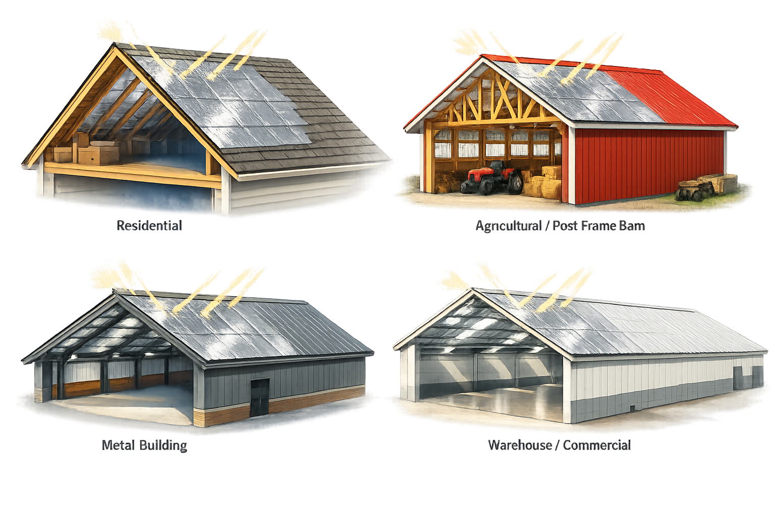Dynamic cutaway illustration showing four building types with radiant barrier insulation: residential attic installed beneath shingles on top of decking, agricultural post-frame barn, metal building, and warehouse/light commercial, with thin solar rays reflecting heat.