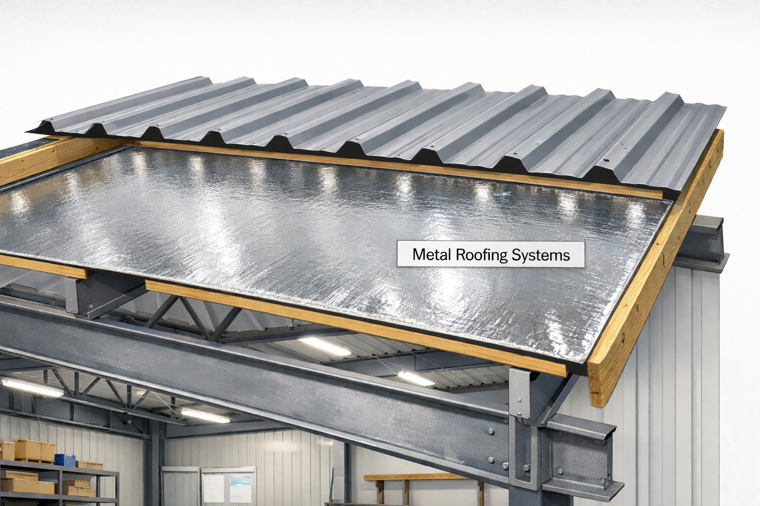 Reflective insulation for metal roofs installed beneath metal roofing panels in a metal building roof assembly.