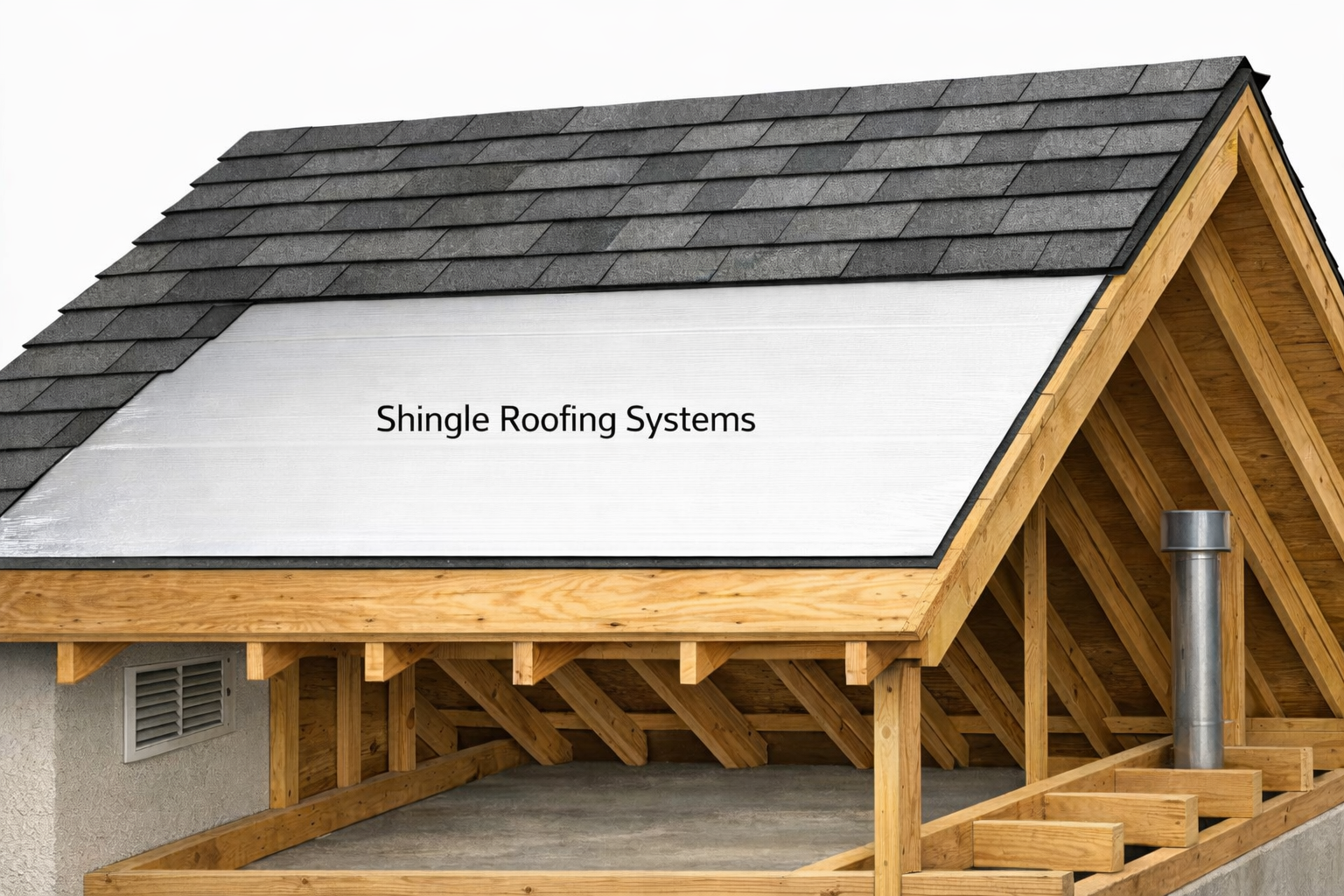 Radiant barrier roofing insulation installed as a single continuous sheet above roof decking and beneath asphalt shingles in a residential roof system.