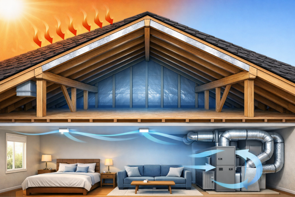 Cutaway of residential attic with radiant barrier installed above roof decking, showing reduced heat entering a cool attic and efficient HVAC airflow below