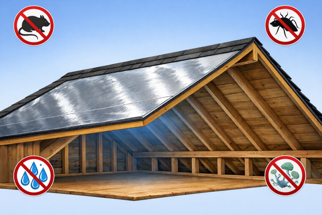 Cutaway illustration of a residential attic with ES® radiant barrier installed above the roof decking beneath shingles, helping block moisture, pests, and fungal growth while keeping the attic cool and dry.