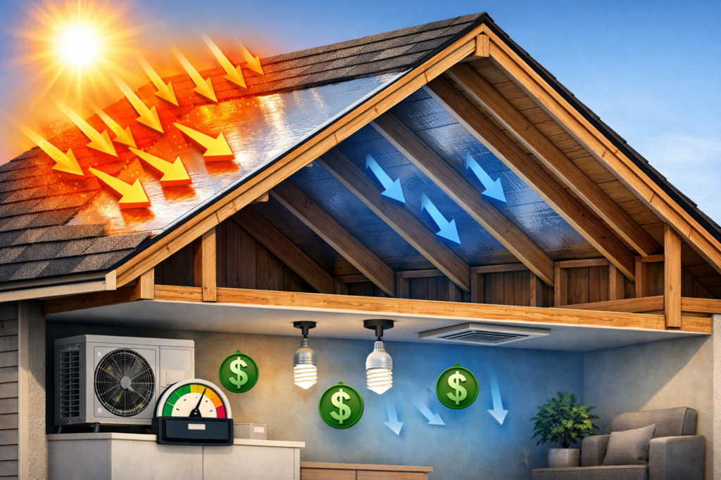 Cutaway attic with ES® radiant barrier insulation reflecting heat; icons highlight reduced energy use and cost savings.