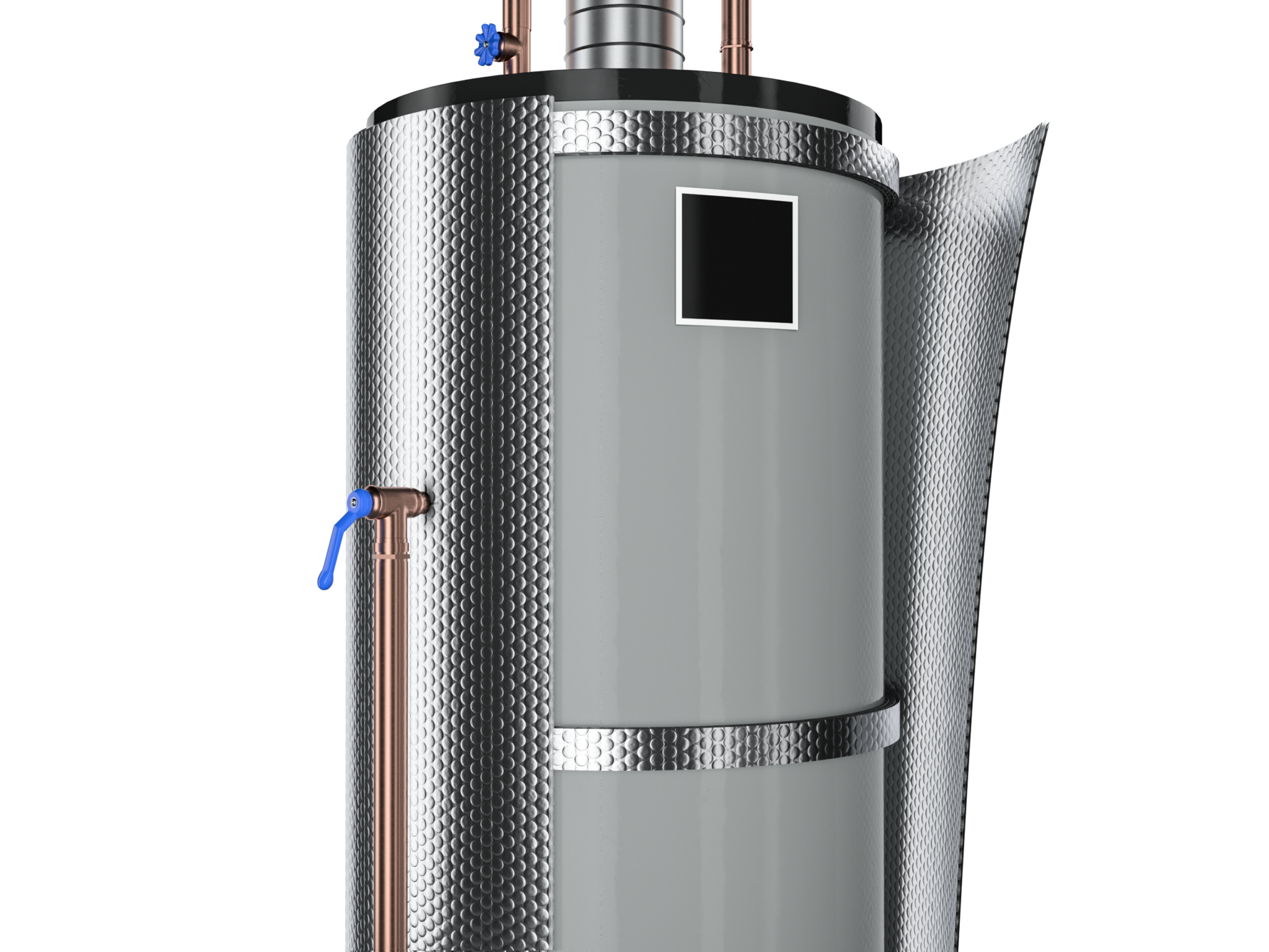 Homeowner installing a reflective bubble water heater jacket, using included tools and tape.