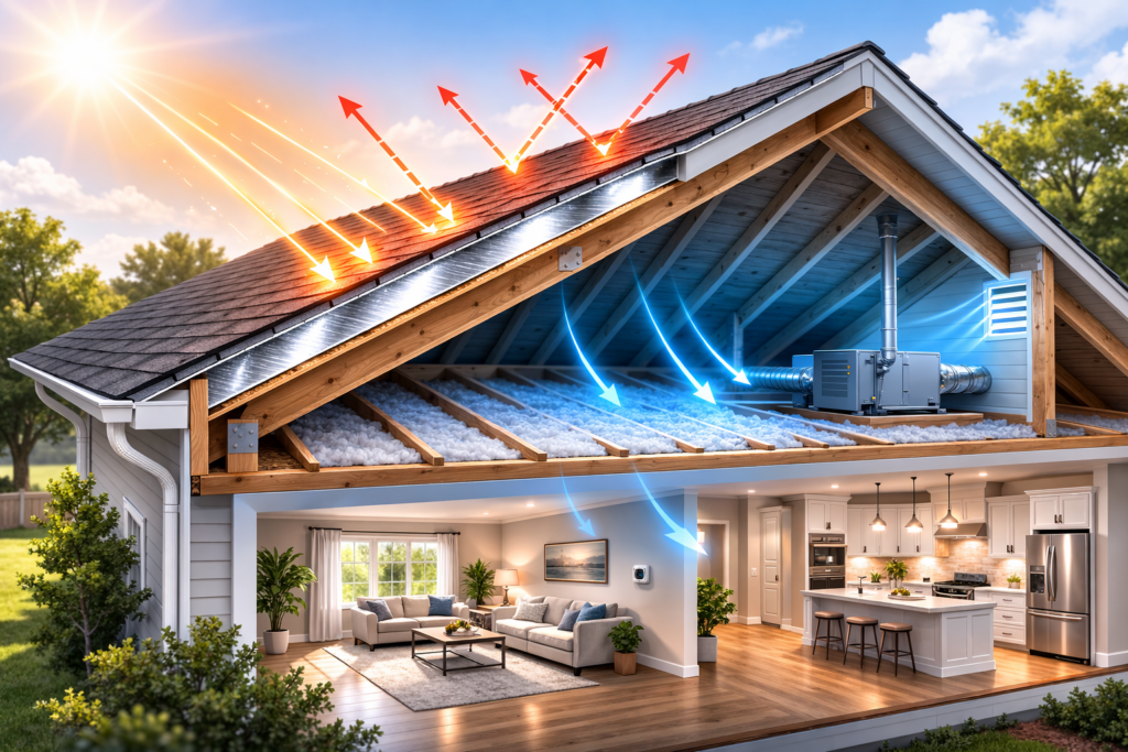 Residential attic with ES® radiant barrier roofing insulation reflecting solar heat; thin arrows show heat reflected away from the attic interior.
