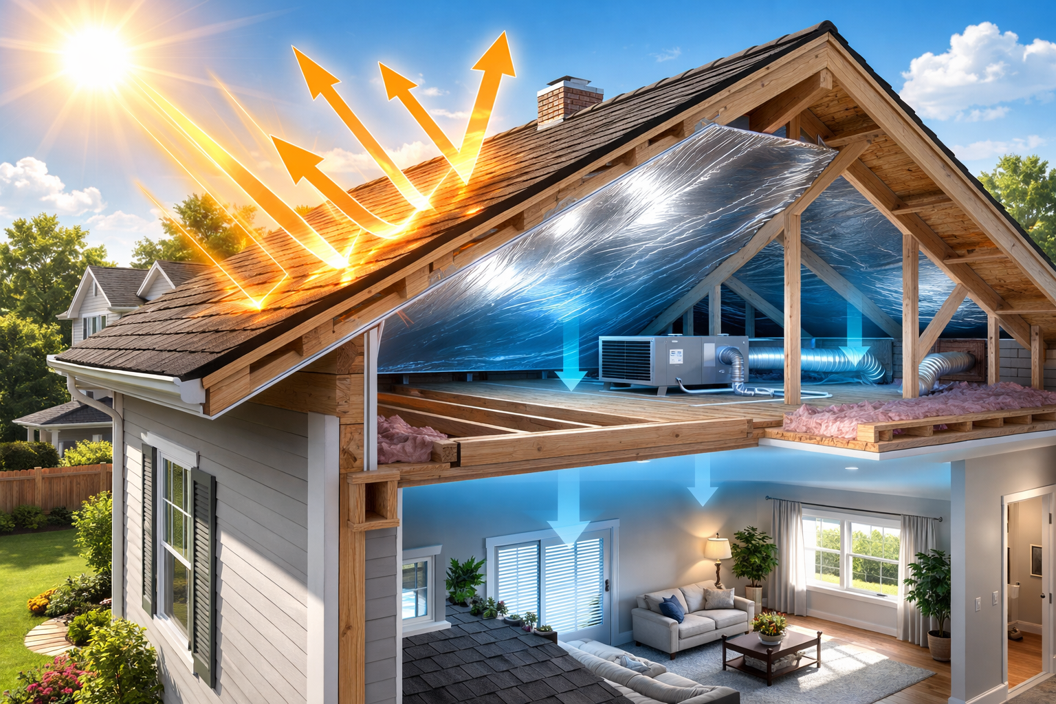 Energy Shield USA radiant barrier insulation installed in attic reflecting radiant heat from roof decking