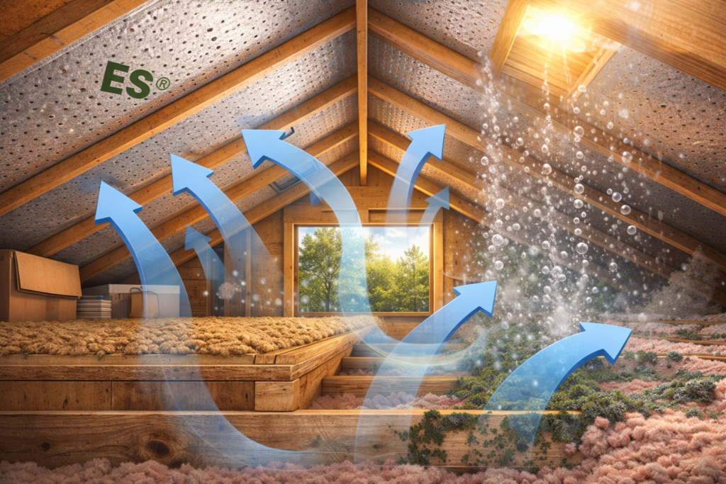 Perforated attic foil insulation allowing airflow to prevent moisture and mold