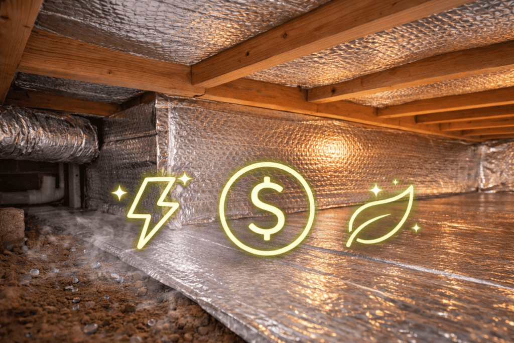 Crawl space with reflective insulation improving HVAC efficiency and showing energy and cost-saving icons.