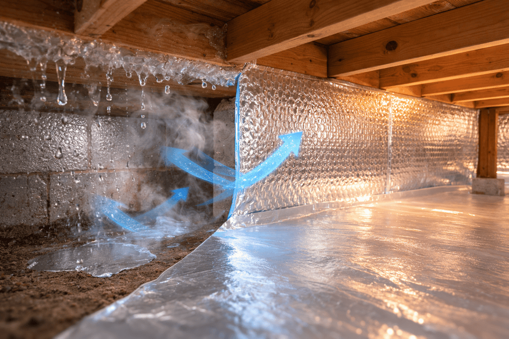 Dry and insulated crawl space preventing moisture and condensation with reflective insulation.