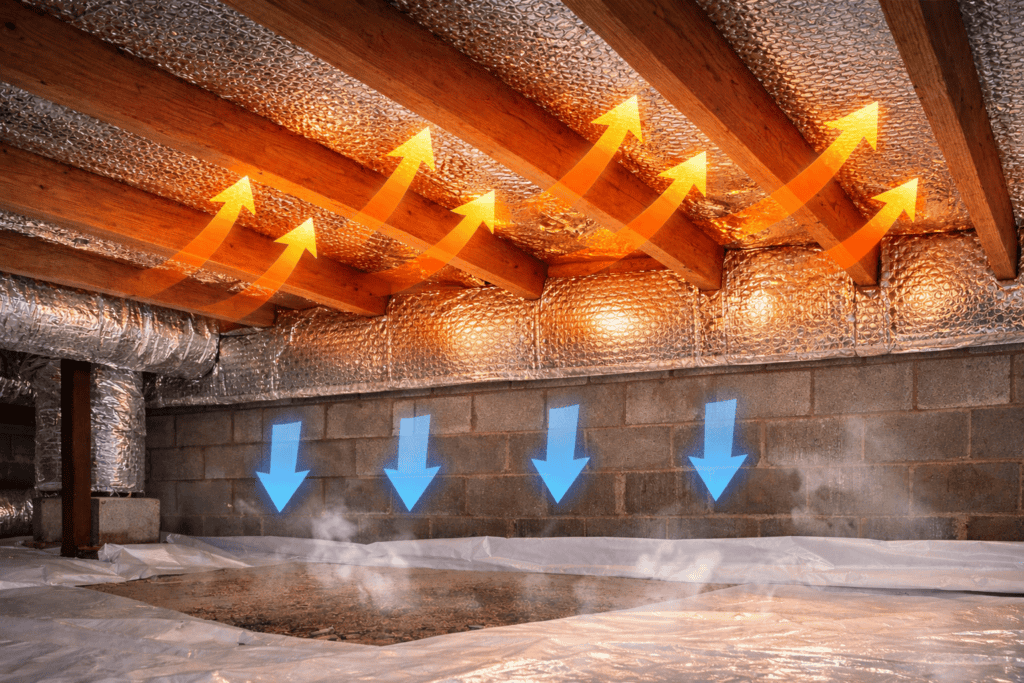 Insulated crawl space reflecting heat upward into the living space to reduce energy loss.