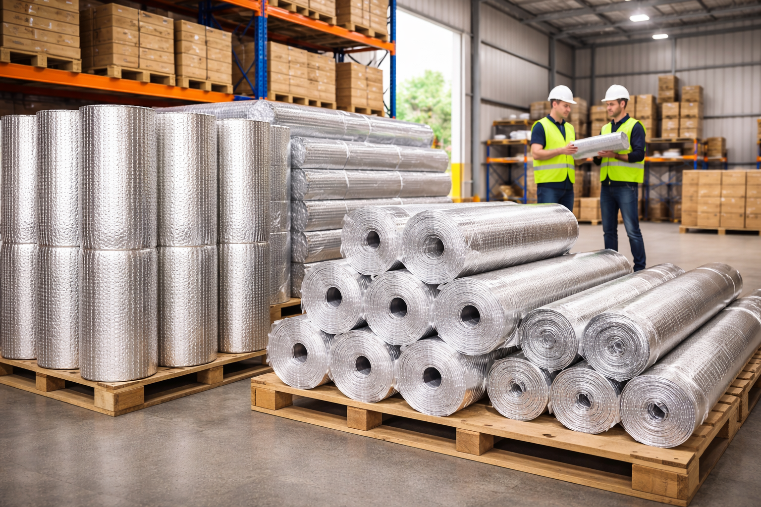 Photorealistic cutaway of a modern warehouse with radiant barrier and reflective insulation rolls stacked on pallets, contractors inspecting materials in the background.