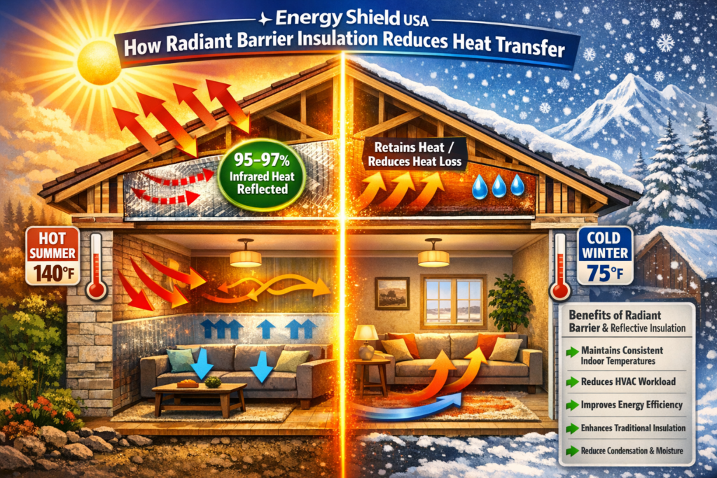 Radiant barrier insulation house cutaway diagram showing heat reflection and energy efficiency