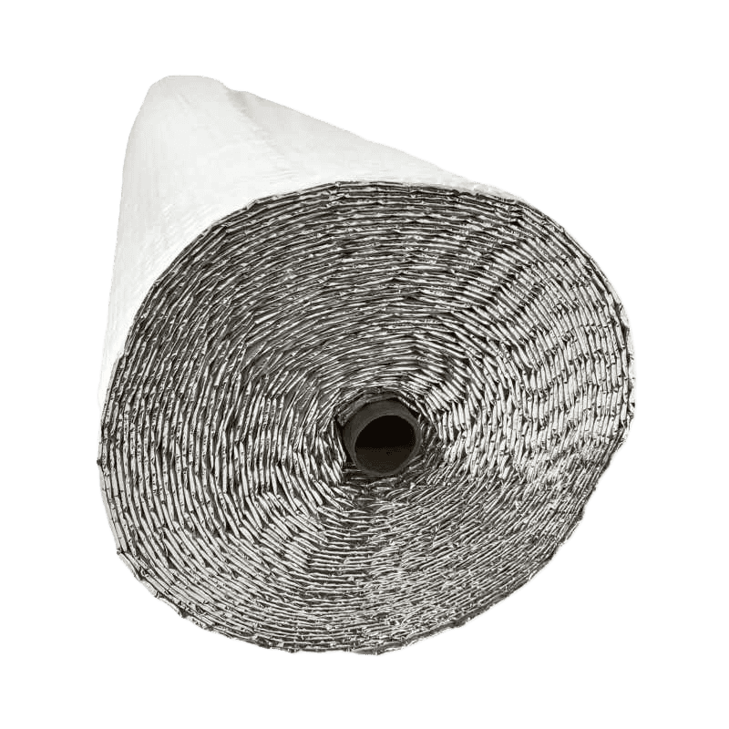 White bubble insulation installed beneath a concrete slab to reduce heat loss into the ground