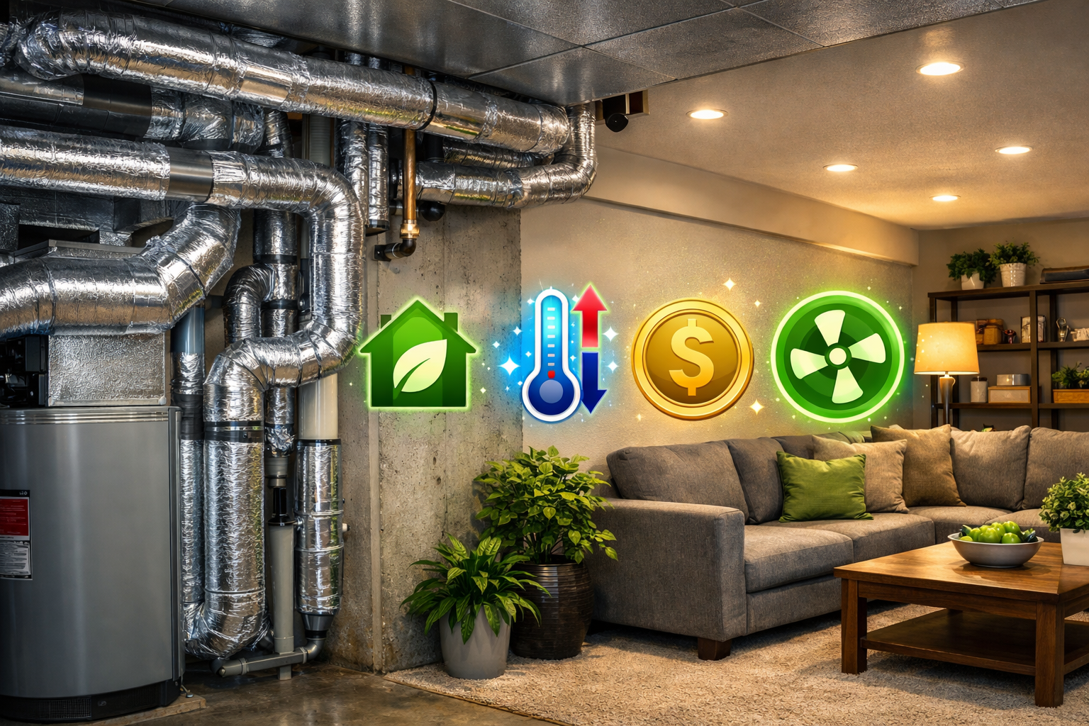 Finished basement with ES® reflective pipe wrap insulation on hot and cold water pipes, showing insulating pipe wrap reducing heat loss, preventing condensation, and improving energy savings pipe wrap performance.