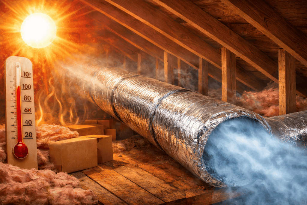 Attic with HVAC ducts wrapped in reflective insulation, preventing hot attic air from warming the chilled air inside the ducts.